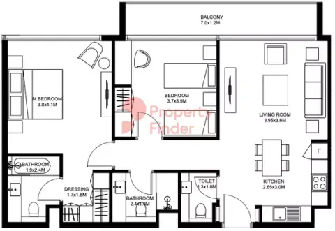 Plattegrond van 2 slaapkamers in Sokoon Phase 4 By Arada
