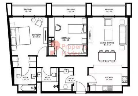 Plattegrond van 2 slaapkamers in Nasaq 1 By Arada
