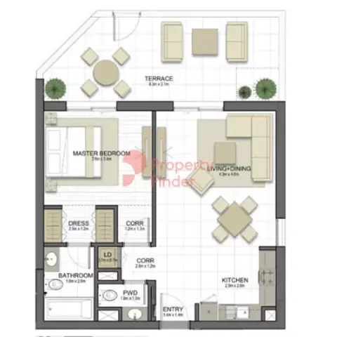 Plattegrond van 1 slaapkamer in Naseem Residences