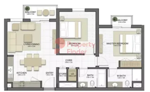 Plattegrond van 2 slaapkamers in Naseem Residences