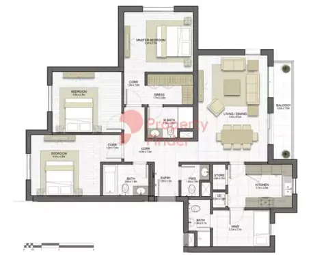 Plattegrond van 3 slaapkamers in Sahab Residences
