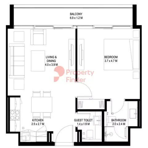 Plattegrond van 1 slaapkamer in Sokoon Phase 5 By Arada