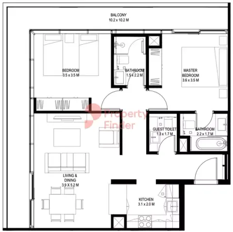 Plattegrond van 2 slaapkamers in Sokoon Phase 5 By Arada