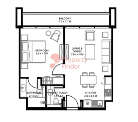 Plattegrond van 1 slaapkamer in Nasaq Phase 6 Arada
