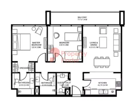 Plattegrond van 2 slaapkamers in Nasaq Phase 6 Arada