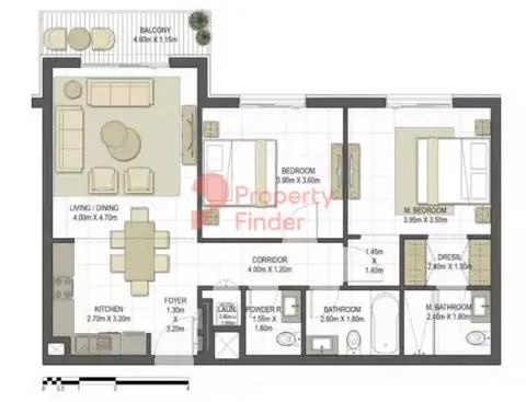 Plattegrond van 2 slaapkamers in Aysha Residences By Eagle Hills
