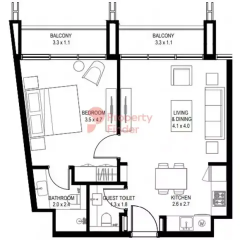 Plattegrond van 1 slaapkamer in Nasaq Phase 5 Arada