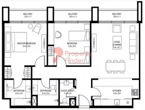 Plattegrond van 2 slaapkamers in Nasaq Phase 5 Arada