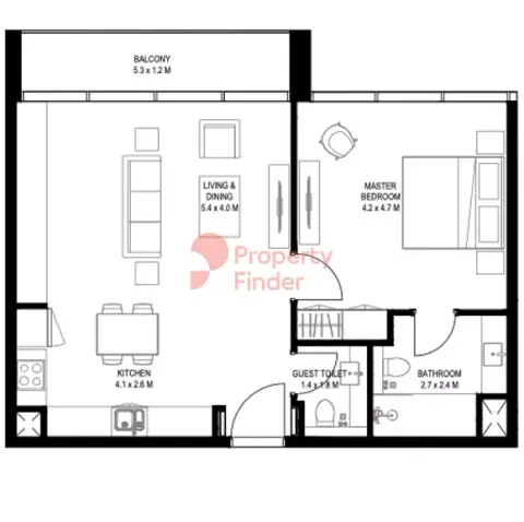 Plattegrond van 1 slaapkamer in Nesba Phase 2 By Arada