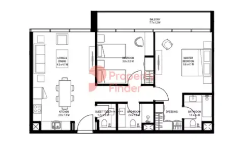 Plattegrond van 2 slaapkamers in Nesba Phase 2 By Arada