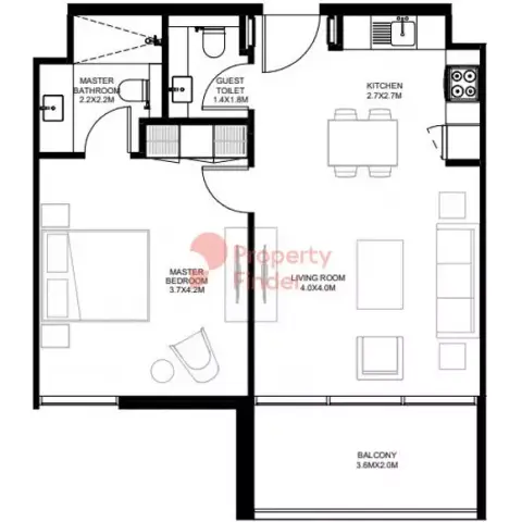 Plattegrond van 1 slaapkamer in The Gate Phase 2 By Arada