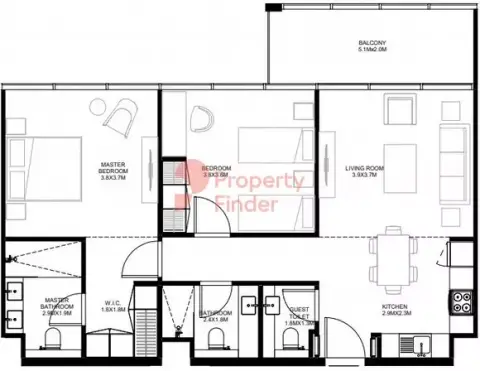 Plattegrond van 2 slaapkamers in The Gate Phase 2 By Arada
