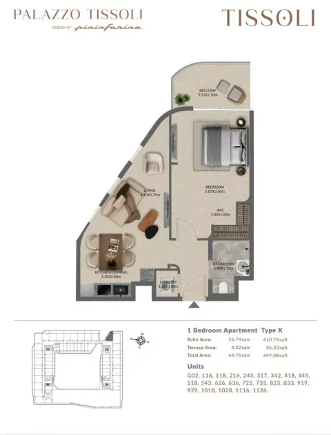 Plattegrond van 1 slaapkamer in Palazzo Tissoli
