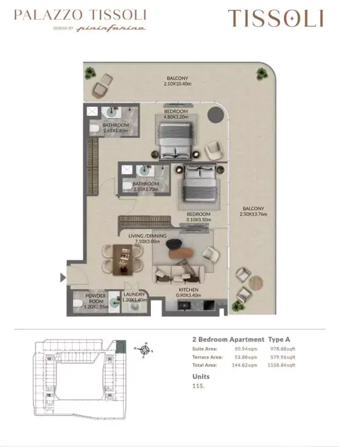 Plattegrond van 2 slaapkamers in Palazzo Tissoli