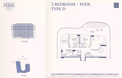 Plattegrond van 3 slaapkamers in Gianfranco Ferré Residences