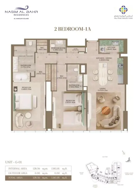 Plattegrond van 2 slaapkamers in Nasim Al Bahr Residences