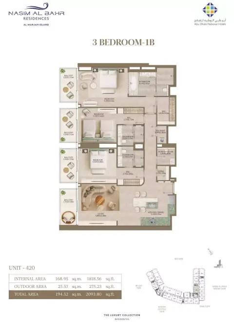 Plattegrond van 3 slaapkamers in Nasim Al Bahr Residences