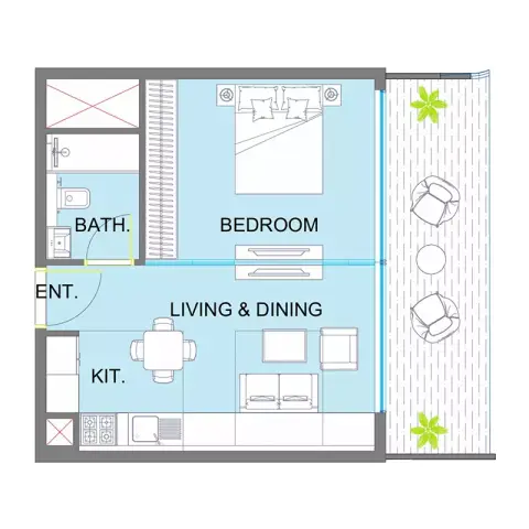 Plattegrond van 1 slaapkamer in Colibri Views