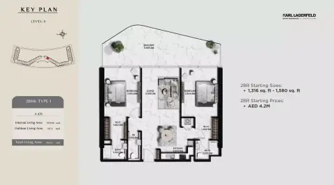 Plattegrond van 2 slaapkamers in Karl Lagerfeld Beach Residences