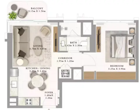 Plattegrond van 1 slaapkamer in Address Residences Al Marjan Island