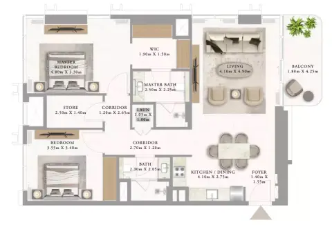 Plattegrond van 2 slaapkamers in Address Residences Al Marjan Island