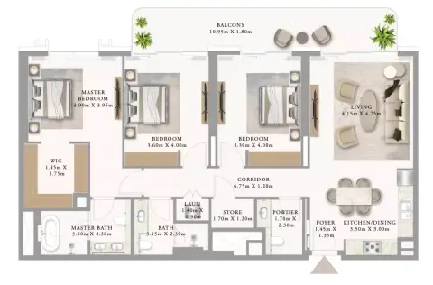 Plattegrond van 3 slaapkamers in Address Residences Al Marjan Island