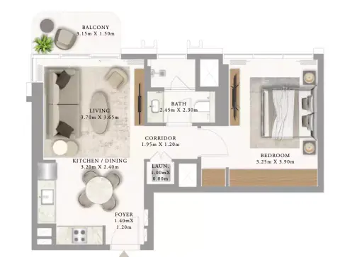 Plattegrond van 1 slaapkamer in Address Residences Al Marjan Island