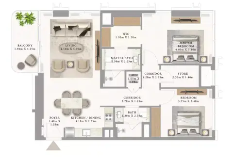Plattegrond van 2 slaapkamers in Address Residences Al Marjan Island