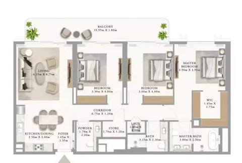 Plattegrond van 3 slaapkamers in Address Residences Al Marjan Island