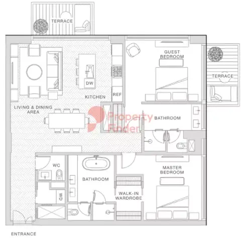 Plattegrond van 2 slaapkamers in Nobu Hotel & Residences Al Marjan Island