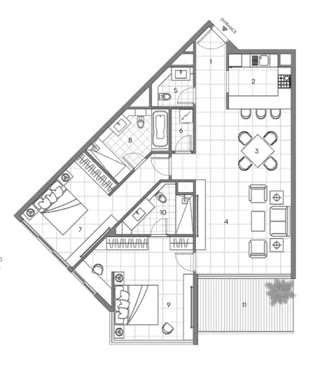 Plattegrond van 2 slaapkamers in Al Hamra Waterfront