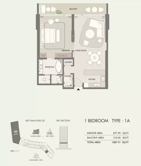 Plattegrond van 1 slaapkamer in W Hotel & Residences