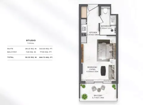 Plattegrond van Studio in One Central