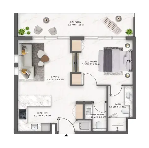 Plattegrond van 1 slaapkamer in One Central