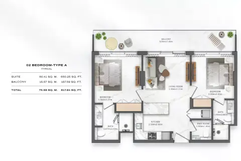 Plattegrond van 2 slaapkamers in One Central