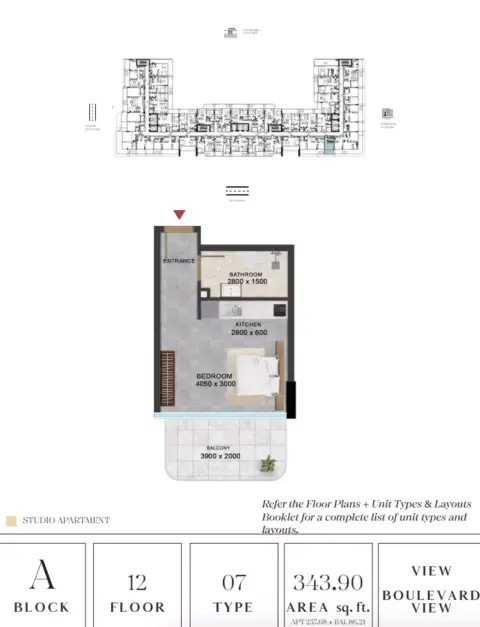 Plattegrond van Studio in Vivanti Residences