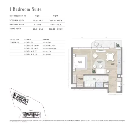 Plattegrond van 1 slaapkamer in Skai
