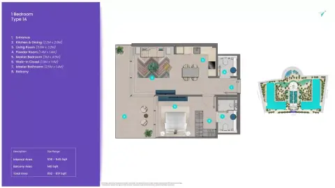 Plattegrond van 1 slaapkamer in Trio Isle Queen B