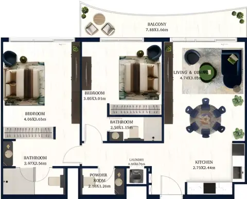 Plattegrond van 2 slaapkamers in Jacob & Co Residences