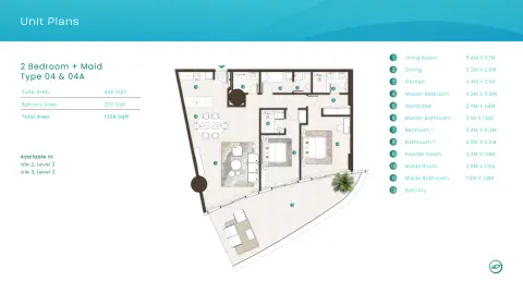 Plattegrond van 2 slaapkamers in La Mer By Elie Saab