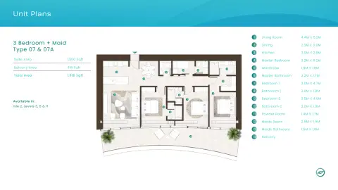 Plattegrond van 3 slaapkamers in La Mer By Elie Saab
