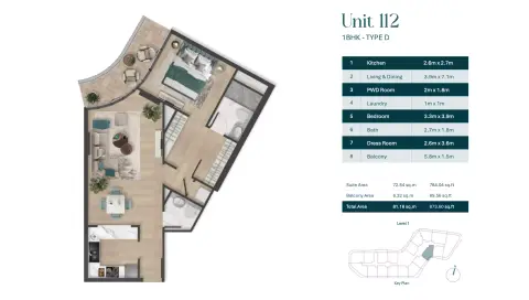 Plattegrond van 1 slaapkamer in Pelagia