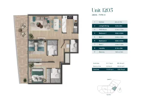 Plattegrond van 2 slaapkamers in Pelagia