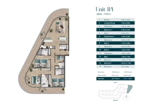 Plattegrond van 3 slaapkamers in Pelagia