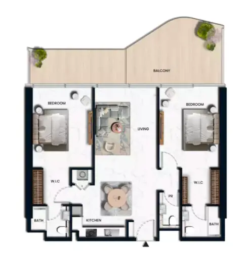 Plattegrond van 2 slaapkamers in Sora Beach Residences