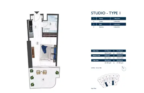 Plattegrond van Studio in Radisson Blu Hotel & Residences
