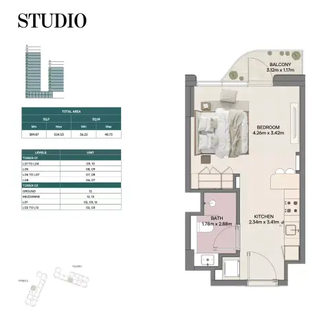 Plattegrond van Studio in Mirasol Phase 2 By Rak Properties