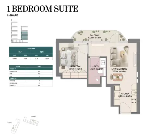 Plattegrond van 1 slaapkamer in Mirasol Phase 2 By Rak Properties
