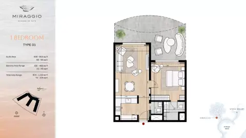Plattegrond van 1 slaapkamer in Miraggio