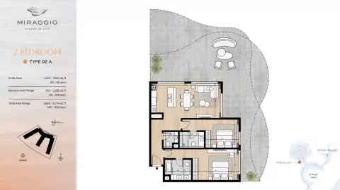 Plattegrond van 2 slaapkamers in Miraggio
